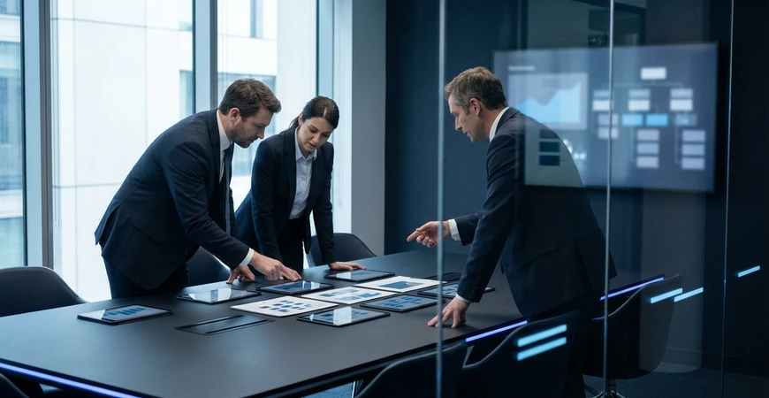 Business leadership team planning AI adoption outcomes